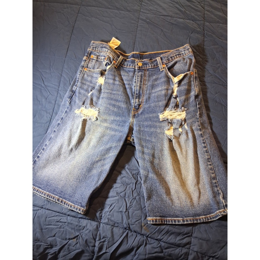 Levis 502 Regular Taper Distressed Denim Shorts Mens 34 Blue Medium Wash Fray
